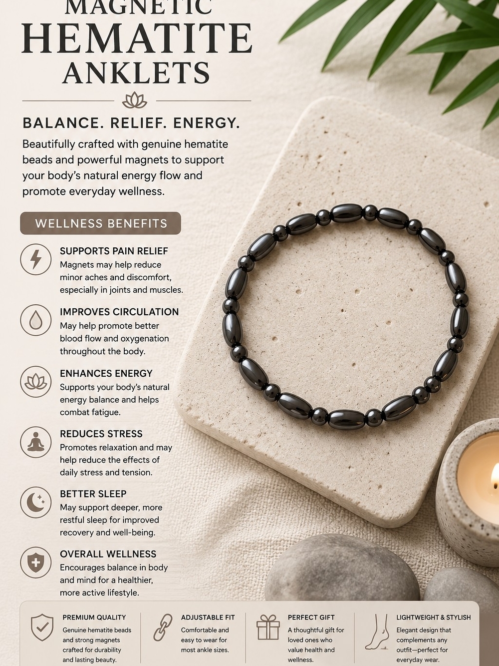 Magnetic Hematite Anklet Bracelet — Black Hematite